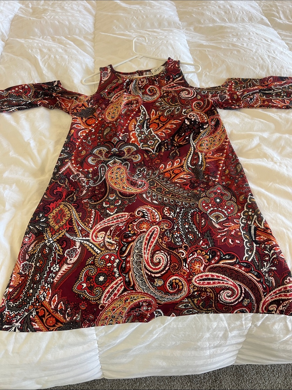 Beige by eci Burgundy Paisley Cold-Shoulder Dress